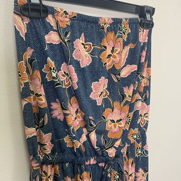 Floral Tube Top Jumpsuit Tie Waist Crop Leg Navy XS (1o1) - Picture 3 of 9